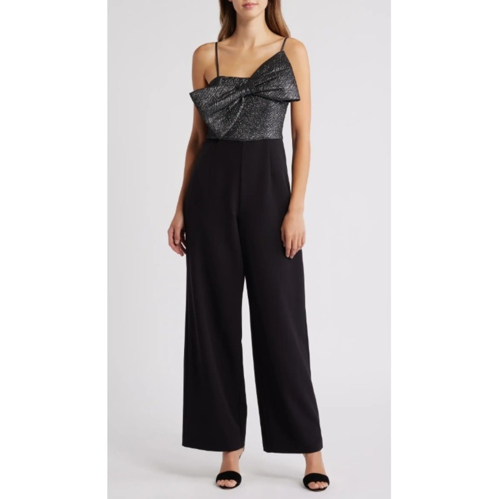 ANNE KLEIN Asymmetric Wide Leg Jumpsuit Black Gunmetal Size 14 NEW Party NYE